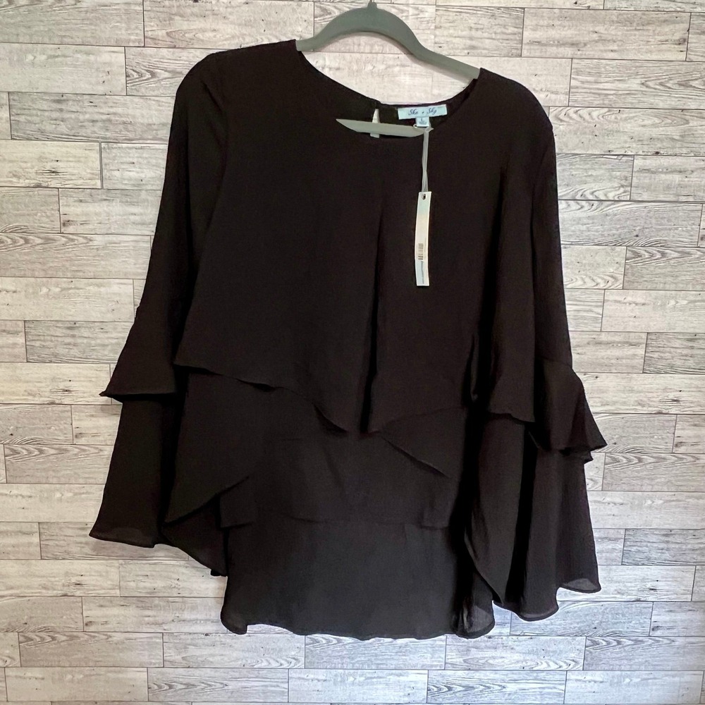 Black Layered Ruffle Top Size Large Bell Sleeves by She and Sky -New with Tags